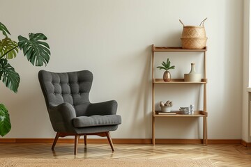Open shelf stand near beige wall and gray armchair in room with parquet, floor. Scandinavian interior design of modern living room.