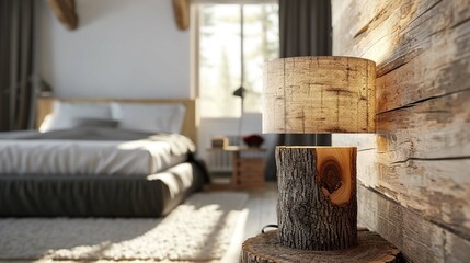 Fototapeta na wymiar Natural log lampshade near bed. Rustic interior design of modern bedroom