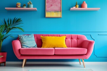 Pink sofa against blue wall with shelf. Colorful vibrant pop art mid-century style home interior...