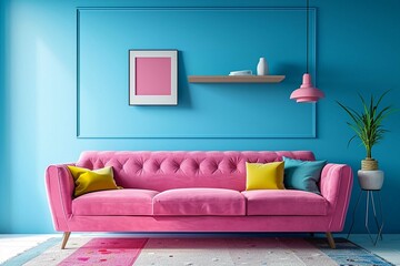 Pink sofa against blue wall with shelf. Colorful vibrant pop art mid-century style home interior design of modern living room.