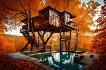 A tree house with swimming pool amidst autumn woods, where the pool mirrors the fiery hues of the falling leaves, old house in autumn forest
