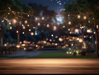 Foto op Canvas Empty Wood table top with decorative outdoor string lights hanging on tree in the garden at night time  © HasibulAlam