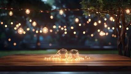 Empty Wood table top with decorative outdoor string lights hanging on tree in the garden at night time	 - obrazy, fototapety, plakaty