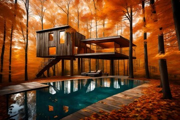 A tree house with swimming pool amidst autumn woods, where the pool mirrors the fiery hues of the falling leaves, old house in autumn forest