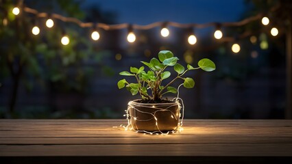young plant sprout growing Empty Wood table top with decorative outdoor string lights hanging on tree in the garden at night time	
