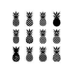 collection of pineapple fruits silhouettes on a white background. Pineapple icon and vector illustration
