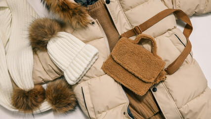 Set of children's winter clothes top view, advertising concept, style and fashion