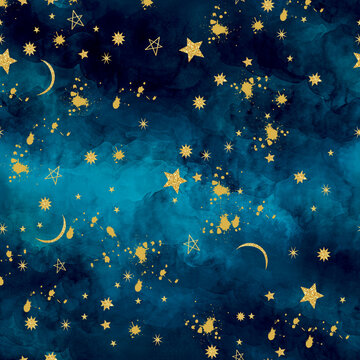 Night star background. Starry sky. Dark-blue space with bright stars. Wallpaper of galaxy or universe. © tatigomesarts