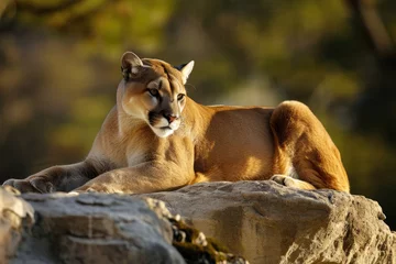 Fototapeten A majestic mountain lion rests atop a rocky ledge its regal posture exuding strength and tranquility © Veniamin Kraskov