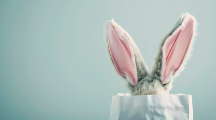 Pink velvet bunny ears in a paper bag on a pastel blue background.