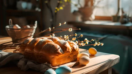  Easter bread with eggs and willow branches on the table. © Nataliya