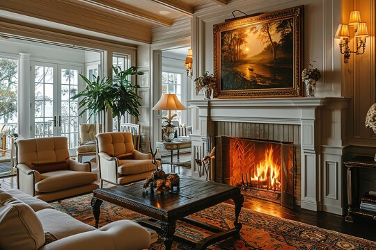 fireplace with painting above warm room