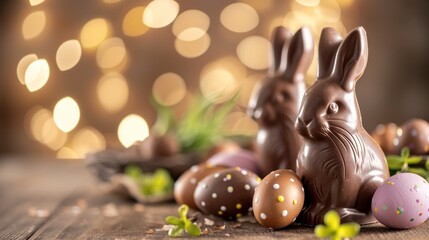 Fototapeta na wymiar Two chocolate easter bunnies and eggs on wooden table on golden bokeh background