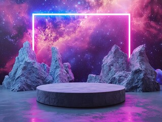 Neon Glow Cosmic Stage - Futuristic 3D Podium for Product Display with Space-Themed Background