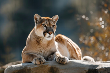 A majestic mountain lion rests atop a rocky ledge its regal posture exuding strength and tranquility