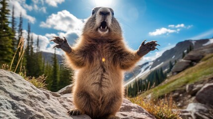Cute alpine marmot, groundhog standing on its paws. screams and whistling after ibernation on springtime. Groundhog day - obrazy, fototapety, plakaty