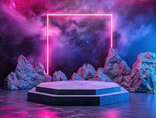 Neon Glow Cosmic Stage - Futuristic 3D Podium for Product Display with Space-Themed Background