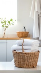 Wicker basket with white towels on table in bathroom. Space for text. cleanliness and comfort.