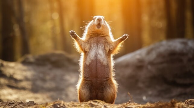 Cute alpine marmot, groundhog standing on its paws. screams and whistling after ibernation on springtime. Groundhog day