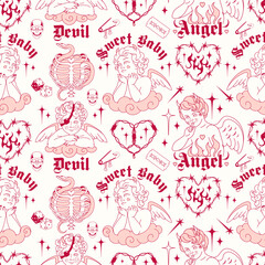Vintage Anti Valentines Day aesthetic seamless pattern. Girly pink color cupids and gothic style phrases. Fire, heart, wire, rock elements and angels. Tile, hell fun background