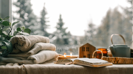 Cozy winter photo, stack of sweaters, open Bible, tea and candle