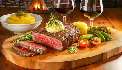 Bistecca Fiorentina steak on a plane with a plate of vegetables, a bowl of mashed potatoes and red...