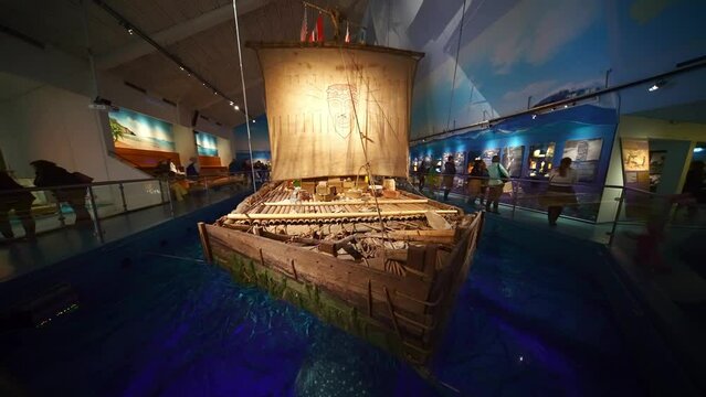 Interior of the Kon Tiki museum. famous expedition voyage by explorer Thor Heyerdahl. Tourist attraction and landmark in Oslo, Norway
