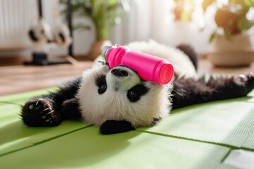 Lazy panda sporting a pink bottle lounges on a yoga mat at home.