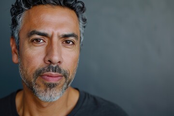 Fototapeta premium Portrait of a handsome middle-aged Hispanic man against a dark background.