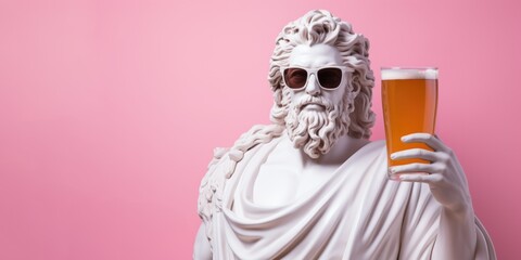 White sculpture of Zeus with a glass of beer on a pink background.