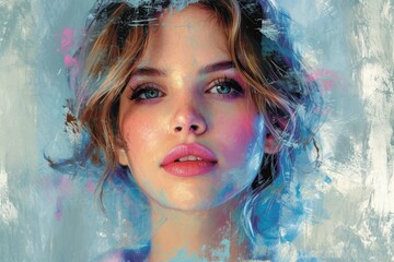 Portrait of a beautiful young woman with blue eyes and pink lips