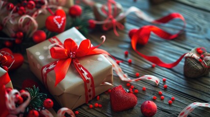 Christmas gift boxes with red ribbon on wooden background. Valentines day concept. AI generated - Powered by Adobe