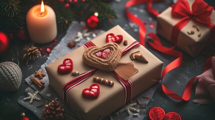 Christmas gift boxes with red ribbons, gingerbread hearts and candles on stone background. AI generated