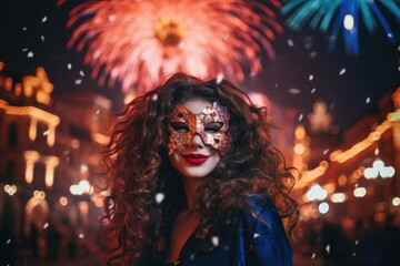 Beautiful woman with Venetian mask on the background of fireworks