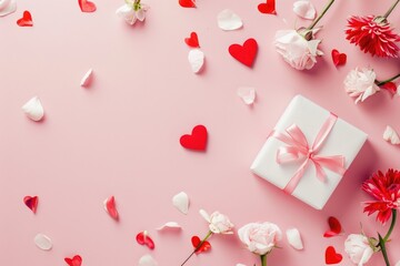 Valentine's Day background with gift box and flowers on pink background. AI generated