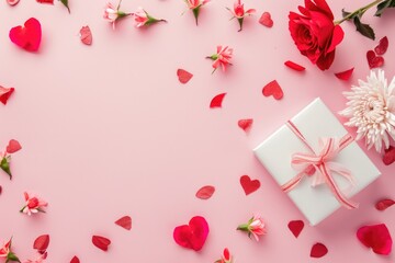 Valentine's Day background with gift box and rose flowers on pink background. AI generated