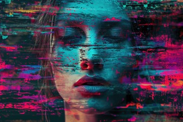 Close-up portrait of a beautiful girl in glitch art style with grunge elements.