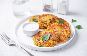 Vegetable pancakes with sauce in a plate