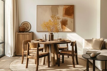 Round wooden dining table and rustic chairs against beige sofa near wall with art frame. Japandi interior design of modern dining room.