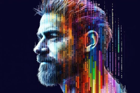 Digital art portrait of a bearded man with a colorful glitch effect. - Powered by Adobe