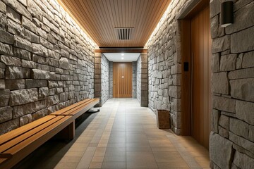 Stone and wood paneling wall in minimalist hallway. Luxury home interior design of modern entrance hall with door and benches