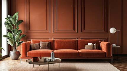 Terra cotta velvet sofa near wainscoting paneling wall. Mid century interior design of modern living room.