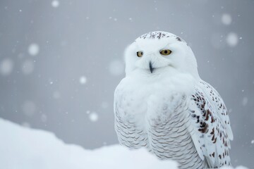 Obraz premium A snowy owl with a haunting gaze and dense plumage keeps watch in a snowy landscape.