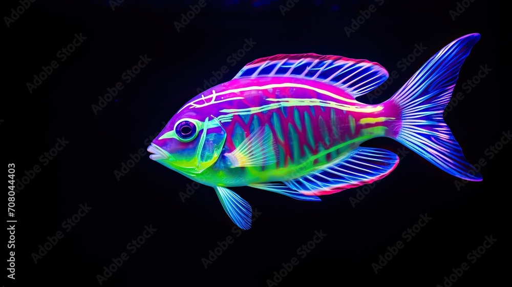 Wall mural blue and violet exotic fish. tropical fish swimming in ocean. figurine made of glass material. digit