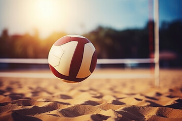 Volleyball soaring over a sandy beach court at sunset.