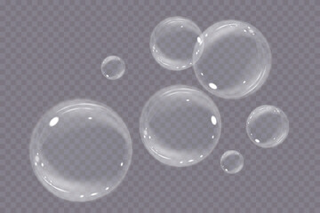 Vector flying soap bubbles. Water glass bubble realistic png