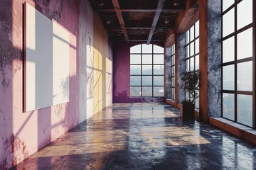 In a brand new, contemporary penthouse apartment with a concrete floor and a large window, a white poster is on a lilac wall. - obrazy, fototapety, plakaty