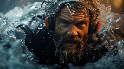 Obraz premium Portrait of a man hardening himself in frozen winter river.