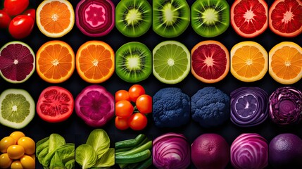 Background of vegetables and fruits. Top view of stalls with organic plant products in the farmer's market or store. Products for a healthy diet. Bright colorful showcase. - obrazy, fototapety, plakaty