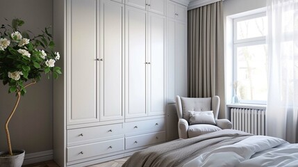 Fototapeta na wymiar White wooden wardrobe in Scandinavian style interior design of modern bedroom